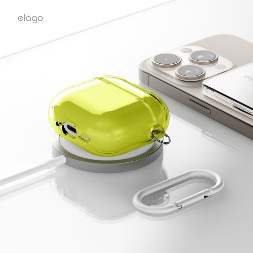 elago Clear Case Compatible with AirPods 4 Case - Carabiner Included, Reduced Yellowing, Wireless Charging, Shock Resistant, Full Protection