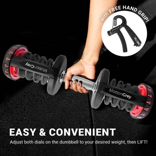 MotionGrey Adjustable Dumbbell 10 to 90 LB, Free High Strength Hand Grip Included 15 Adjustable Weight Settings Dumb Bell Barbell, Anti-slip Metal