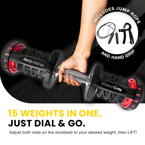 MotionGrey Adjustable Dumbbell 10 to 90 LB, Free High Strength Hand Grip Included 15 Adjustable Weight Settings Dumb Bell Barbell, Anti-slip Metal