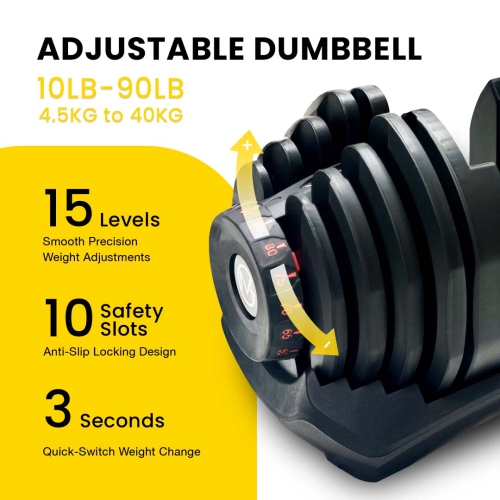 MotionGrey Adjustable Dumbbell 10 to 90 LB, Free High Strength Hand Grip Included 15 Adjustable Weight Settings Dumb Bell Barbell, Anti-slip Metal