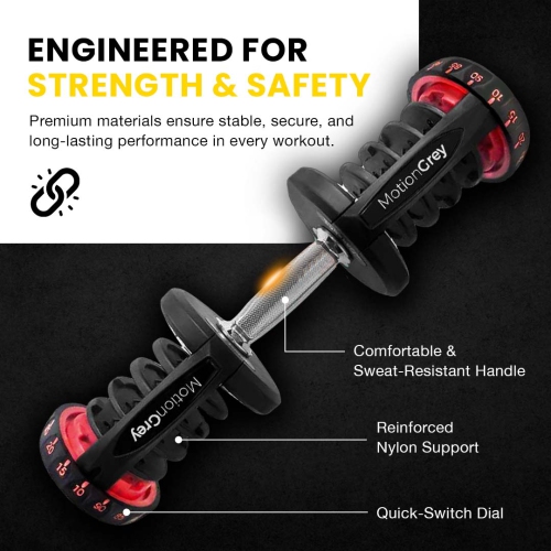 MotionGrey Adjustable Dumbbell 10 to 90 LB, Free High Strength Hand Grip Included 15 Adjustable Weight Settings Dumb Bell Barbell, Anti-slip Metal