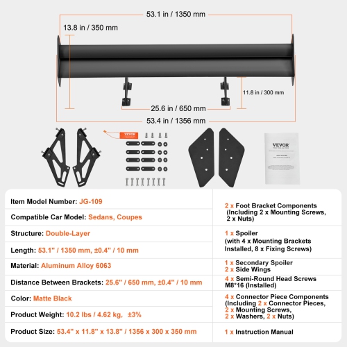 VEVOR 53.1 inch GT Wing Car Spoiler, Universal Spoiler with Double Deck, Adjustable Lightweight Aluminum, Car Rear Spoiler Wing, Racing Spoiler