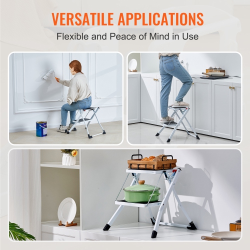VEVOR 330lbs Capacity Step Ladder 2-Step ，Ergonomic Folding Steel Step Stool with Wide Anti-Slip Pedal, Sturdy Step Stool for Adults Toddlers,