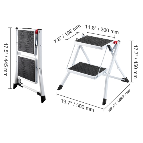 VEVOR 330lbs Capacity Step Ladder 2-Step ，Ergonomic Folding Steel Step Stool with Wide Anti-Slip Pedal, Sturdy Step Stool for Adults Toddlers,