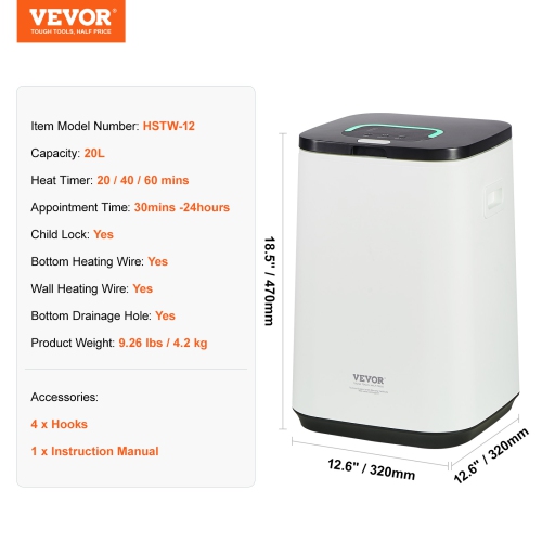 VEVOR 20L Towel Warmer Bucket with 24h Delay Timer, 20/40/60 Min Auto Shut Off, Child Lock, LED Screen & U-shaped Light, Towel Warmer for Bathroom,