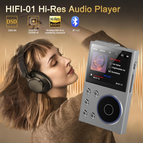 2.4Inch MP3 Player with Bluetooth, Lossless DSD DAC Flac Music Player, Portable Audio Player with 16 GB Memory Card