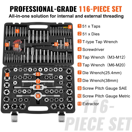 VEVOR 116-Piece Tap and Die Set, Include Metric and SAE Size, Bearing Steel Taps and Dies, Essential Threading Tool for Cutting External Internal