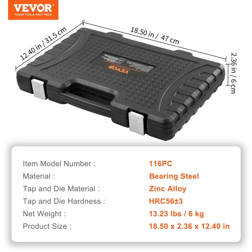 VEVOR 116-Piece Tap and Die Set, Include Metric and SAE Size, Bearing Steel Taps and Dies, Essential Threading Tool for Cutting External Internal