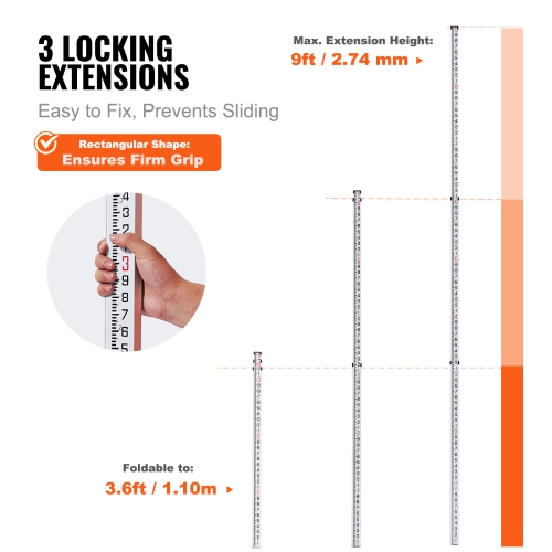 VEVOR 9-Feet/10ths Aluminum Grade Rod, 3 Sections Telescopic Measuring Rod, Double-Sided Scale 1/10ft Leveling Rod Stick,Aluminum Alloy Survey Rod