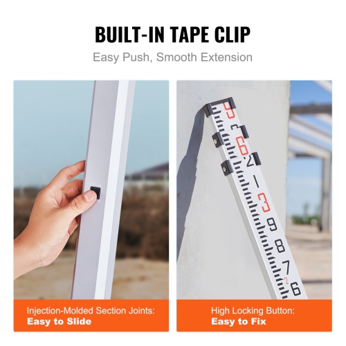 VEVOR 9-Feet/10ths Aluminum Grade Rod, 3 Sections Telescopic Measuring Rod, Double-Sided Scale 1/10ft Leveling Rod Stick,Aluminum Alloy Survey Rod