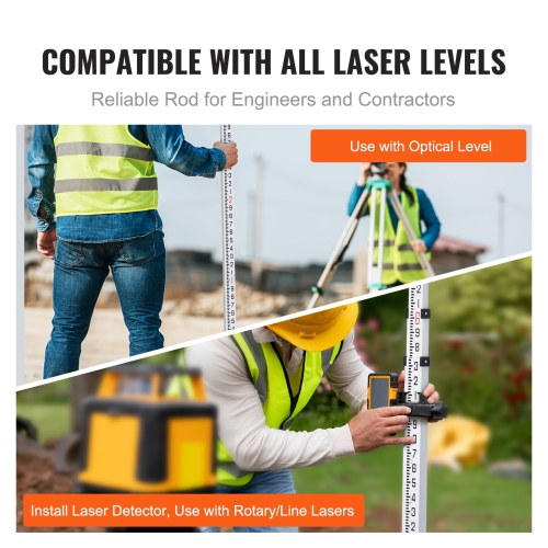 VEVOR 9-Feet/10ths Aluminum Grade Rod, 3 Sections Telescopic Measuring Rod, Double-Sided Scale 1/10ft Leveling Rod Stick,Aluminum Alloy Survey Rod