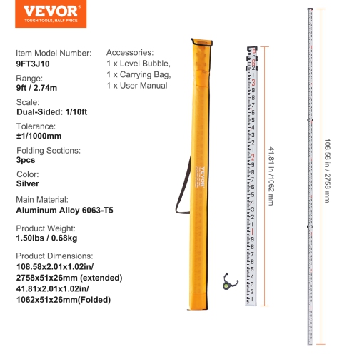VEVOR 9-Feet/10ths Aluminum Grade Rod, 3 Sections Telescopic Measuring Rod, Double-Sided Scale 1/10ft Leveling Rod Stick,Aluminum Alloy Survey Rod