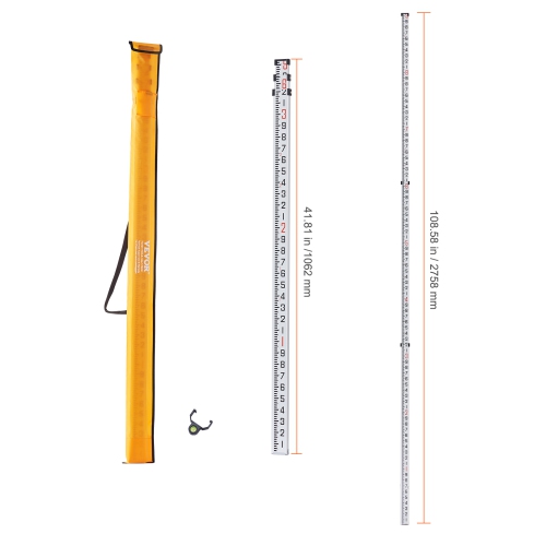 VEVOR 9-Feet/10ths Aluminum Grade Rod, 3 Sections Telescopic Measuring Rod, Double-Sided Scale 1/10ft Leveling Rod Stick,Aluminum Alloy Survey Rod