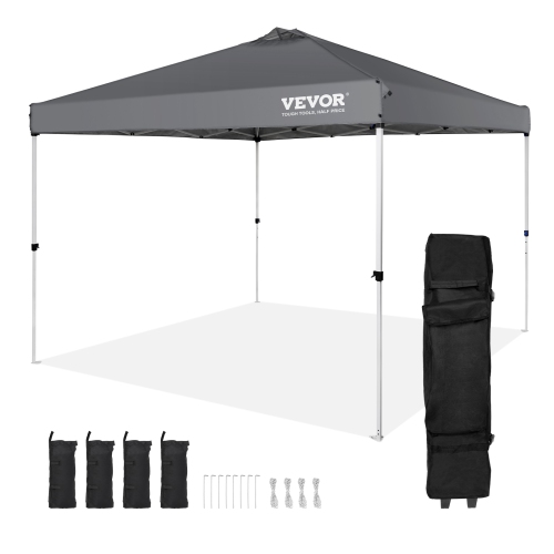 VEVOR 10 x 10 ft,Pop Up Canopy Tent, 250 D PU Silver Coated Tarp, with Portable Roller Bag and 4 Sandbags, Waterproof and Sun Shelter Gazebo for