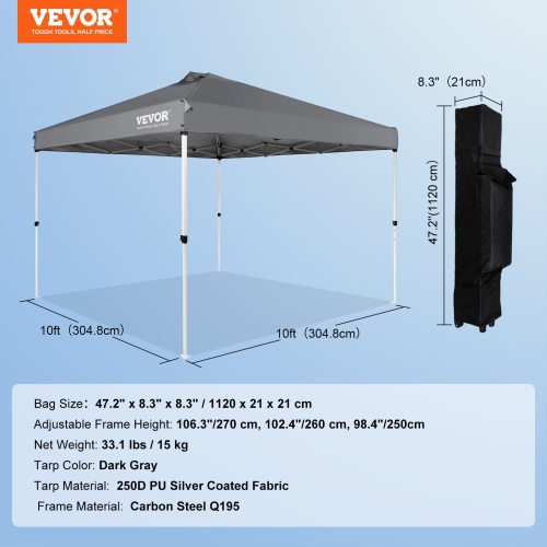 VEVOR 10 x 10 ft,Pop Up Canopy Tent, 250 D PU Silver Coated Tarp, with Portable Roller Bag and 4 Sandbags, Waterproof and Sun Shelter Gazebo for