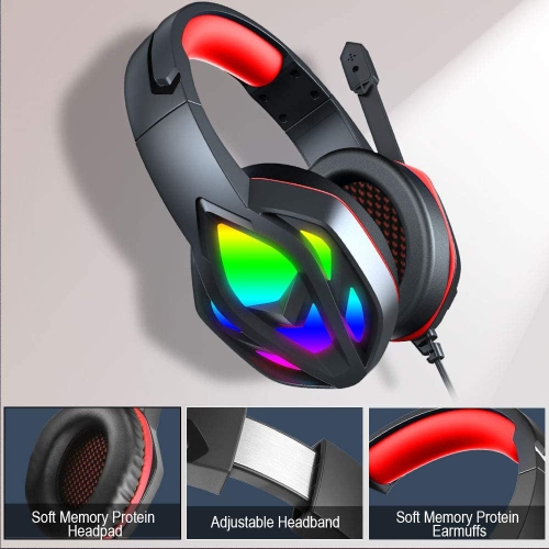 Gaming headset, rotatable noise-cancelling microphone, multi-platform compatibility, colorful LED lighting effects, comfortable memory foam earmuffs,