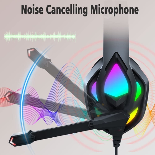 Gaming headset, rotatable noise-cancelling microphone, multi-platform compatibility, colorful LED lighting effects, comfortable memory foam earmuffs,