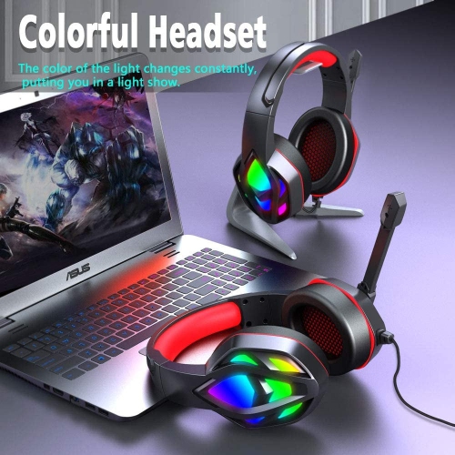 Gaming headset, rotatable noise-cancelling microphone, multi-platform compatibility, colorful LED lighting effects, comfortable memory foam earmuffs,