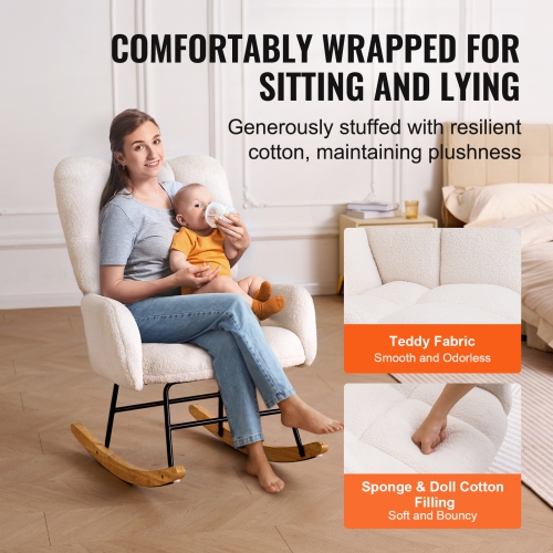 VEVOR 250 lbs Rocking Chair Nursery, Glider Rocking Chair with Soft Seat and High Backrest, Teddy Fabric, Upholstered Glider Rocker Chair for