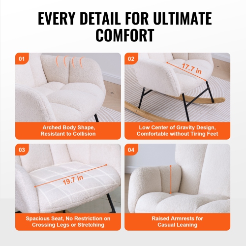 VEVOR 250 lbs Rocking Chair Nursery, Glider Rocking Chair with Soft Seat and High Backrest, Teddy Fabric, Upholstered Glider Rocker Chair for