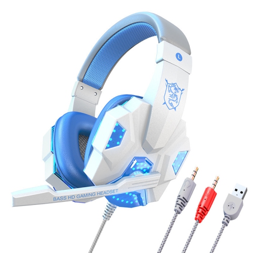 GREEN SCENIC  Wired Headphones \w Soft Earmuffs, Gaming Headset \w Noise Cancelling Microphone, Stereo Surround Sound (White And Blue, PC And Luminous)