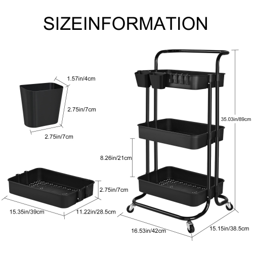 Chariot tout usage à roulettes en métal à 3 niveaux, chariot de rangement de cuisine avec 2 tasses de suspension supplémentaires et 4 crochets