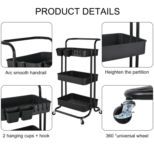 Chariot tout usage à roulettes en métal à 3 niveaux, chariot de rangement de cuisine avec 2 tasses de suspension supplémentaires et 4 crochets