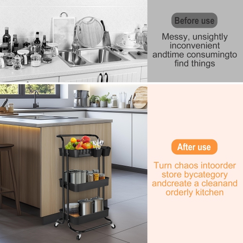 Chariot tout usage à roulettes en métal à 3 niveaux, chariot de rangement de cuisine avec 2 tasses de suspension supplémentaires et 4 crochets