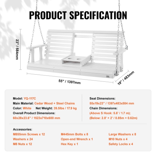 VEVOR 5 ft Wooden Porch Swing, Patio bench swing for Courtyard & Garden, Upgraded 880 lbs Strong Load Capacity,Heavy Duty Swing Chair Bench with