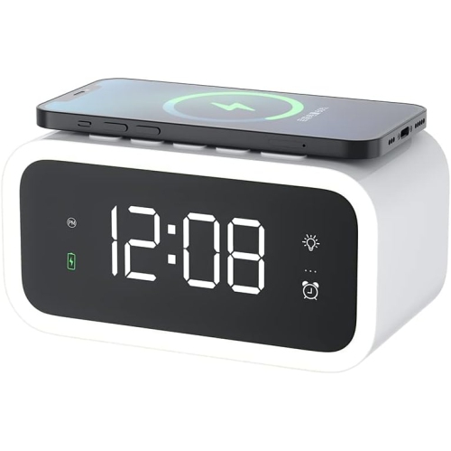 Réveille-matin numérique avec recharge sans fil 15&nbsp;W, horloge numérique multifonction avec heure, date, affichage de la température, source de