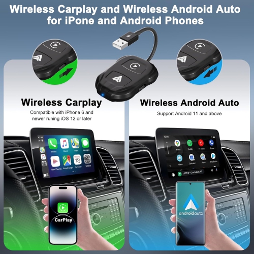 Wireless Car Adapter Converts Wired CarPlay to CarPlay Wireless Plug and Play Fast and Automatic Connection l Switch between iOS and Android Systems