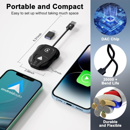 Wireless Car Adapter Converts Wired CarPlay to CarPlay Wireless Plug and Play Fast and Automatic Connection l Switch between iOS and Android Systems