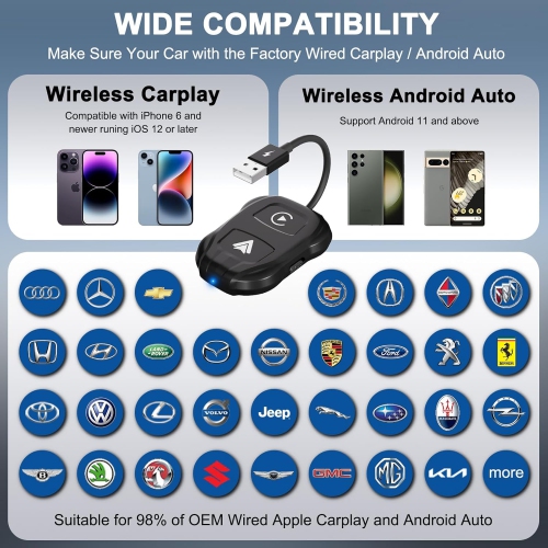 Wireless Car Adapter Converts Wired CarPlay to CarPlay Wireless Plug and Play Fast and Automatic Connection l Switch between iOS and Android Systems