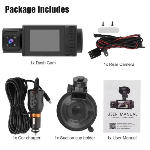 3-lens dash cam - HD 1080P recording for front, interior, and rear vehicles, with Wi-Fi, night vision, and parking assistance, 2-inch IPS screen, and