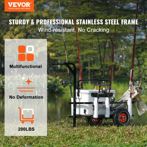 VEVOR 200 lbs Load Capacity,Beach Fishing Cart, Fish and Marine Cart with Two 11" Big Wheels Rubber Balloon Tires for Sand, Heavy-Duty Steel Pier