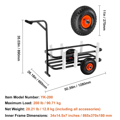 VEVOR 200 lbs Load Capacity,Beach Fishing Cart, Fish and Marine Cart with Two 11" Big Wheels Rubber Balloon Tires for Sand, Heavy-Duty Steel Pier