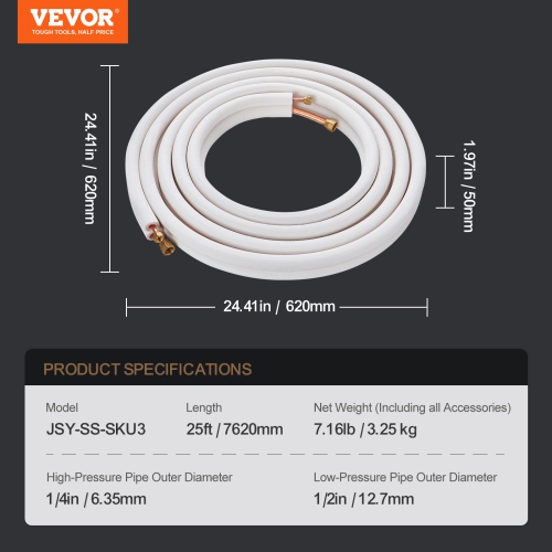 VEVOR 25FT Mini Split Line Set, 1/4" & 1/2" O.D Copper Pipes Tubing and Triple-Layer Insulation, for Mini Split Air Conditioning Refrigerant or