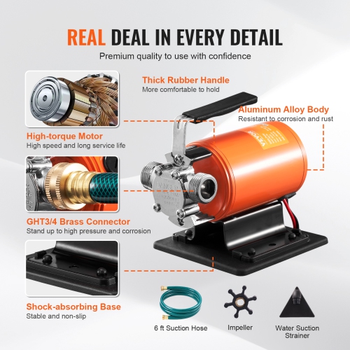 VEVOR 12V DC 360 GPH 1/10HP Water Transfer Pump, Portable Electric Utility Pump with 6 ft Suction Hose Kit, Impeller, Suction Strainer, for Garden,