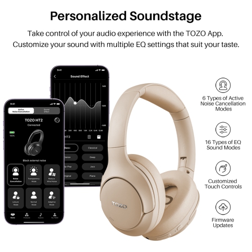 TOZO HT2 Hybrid Active Noise Cancelling Headphones, Wireless Over Ear Bluetooth Headphones, 60H Playtime, Hi-Res Audio Custom EQ via App Deep Bass