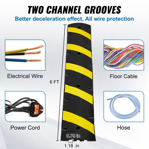 VEVOR 72'' Rubber Speed Bump, Dual Channel, Supports up to 22000 lbs,Traffic Speed Hump with Yellow Reflective Strip,Includes 4 Expansion Screws &