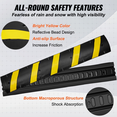VEVOR 72'' Rubber Speed Bump, Dual Channel, Supports up to 22000 lbs,Traffic Speed Hump with Yellow Reflective Strip,Includes 4 Expansion Screws &