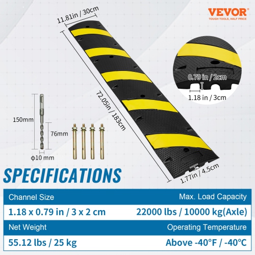 VEVOR 72'' Rubber Speed Bump, Dual Channel, Supports up to 22000 lbs,Traffic Speed Hump with Yellow Reflective Strip,Includes 4 Expansion Screws &