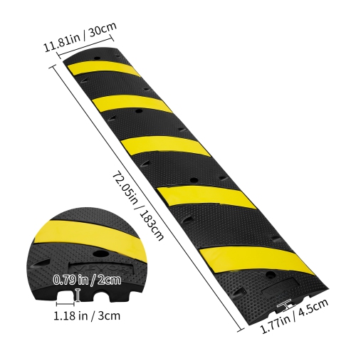 VEVOR 72'' Rubber Speed Bump, Dual Channel, Supports up to 22000 lbs,Traffic Speed Hump with Yellow Reflective Strip,Includes 4 Expansion Screws &