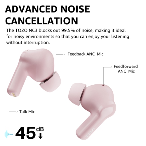New Arrival TOZO NC3 TWS Earbuds in-ear Bluetooth 5.3 Headset ANC Noise Cancelling LED Digital Power Display-Pink