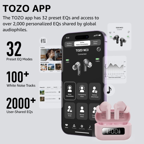 New Arrival TOZO NC3 TWS Earbuds in-ear Bluetooth 5.3 Headset ANC Noise Cancelling LED Digital Power Display-Pink