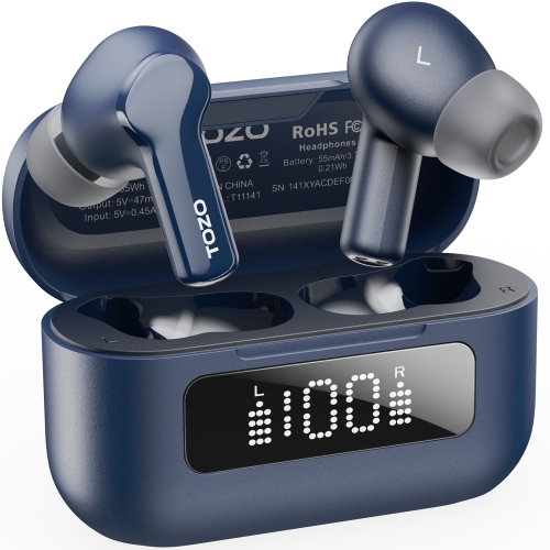 New Arrival TOZO NC3 TWS Earbuds in-ear Bluetooth 5.3 Headset ANC Noise Cancelling LED Digital Power Display-Navy