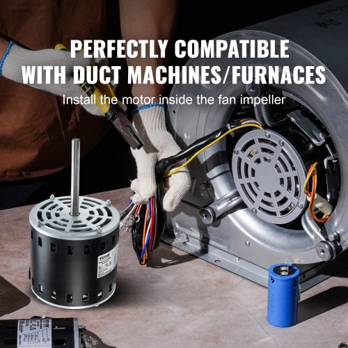 VEVOR 3/4HP Furnace Blower Motor, 208/230V 3.85Amps, 1075RPM 5 Speeds, CW/CCW Rotation, 48 Frame 4.8" Shaft Length, 10渭F/450V Capacitor + 11" Hold