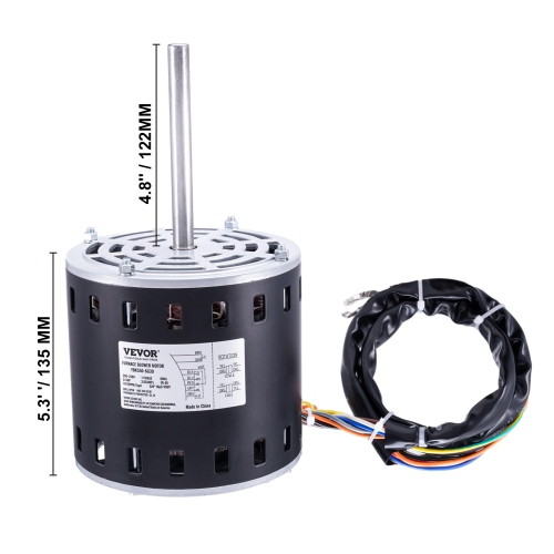 VEVOR 3/4HP Furnace Blower Motor, 208/230V 3.85Amps, 1075RPM 5 Speeds, CW/CCW Rotation, 48 Frame 4.8" Shaft Length, 10渭F/450V Capacitor + 11" Hold