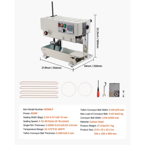VEVOR 0.24-0.47 in/6-12 mm Seal Width, Continuous Bag Band Sealing Machine, Vertical Band Sealer Machine with Digital Temperature Control, for