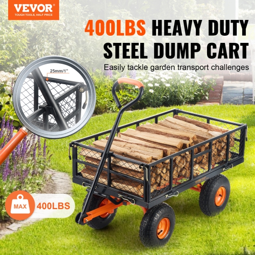 VEVOR 400 lbs Load Capacity Garden Cart, Sturdy Metal Utility Wagon with Simple Assembly, Versatile Dump Cart with Dual-Function Handle, Wheelbarrow,